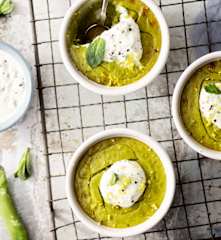Flan aux cosses de petits pois, sauce yaourt à la menthe