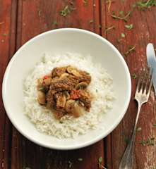 Guisado de vitela, cogumelos e pimentos