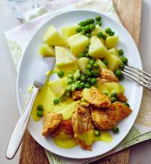 Hähnchen mit Kartoffeln, Erbsen und Orangen-Frischkäse-Sauce