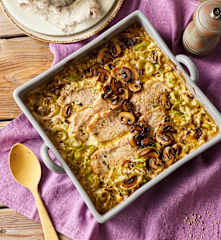Ofenschnitzel mit Champignon-Porree-Sauce