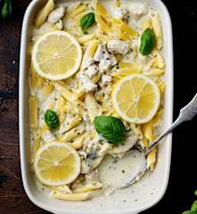 One pot pasta au poulet, citron, basilic et ricotta