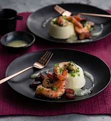 Prawns, wasabi panna cotta and yuzu sauce