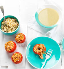 Broccoli, Cauliflower and Courgette Soup, Tomatoes Stuffed with Tuna and Leeks, and Tomato Rice