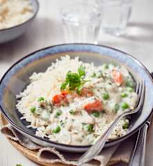 Frikassee aus Hähnchenkeulen mit Reis