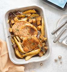 Rôti de porc à la vergeoise, poires et panais