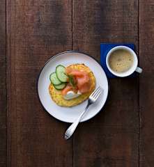 Cauliflower hash browns with smoked salmon and sour cream