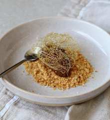 Whole banana ice cream with bread praline and corn spun toffee (Kane Pollard)