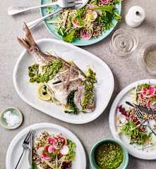 Steamed whole fish with quinoa salad and salsa verde