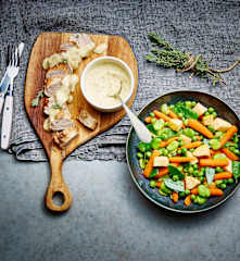 Veau à la moutarde et ses petits légumes de printemps
