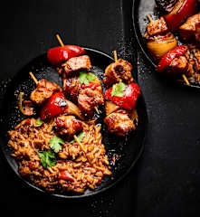 Meat Skewers with Rice in Sauce