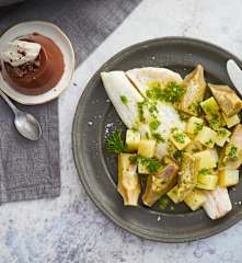 Menù: Branzino, patate e carciofi e budino al cioccolato