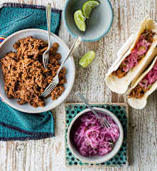 Chilorio shredded pork with lime-pickled onions