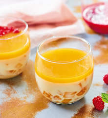Pannacotta à la mangue, coulis de framboises