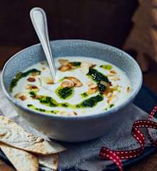 Almond Cauliflower Cream Soup with Herb Oil and Crispy Flatbread