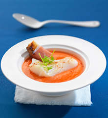 Gaspacho, cabillaud et jambon cru