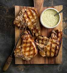 Cider-brined pork chops with apple dressing