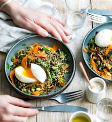 Salade tiède de lentilles, céleri, carotte et œuf