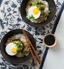 Coconut rice with Asian inspired pork and eggs