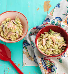 Orzo with Salmon, Green Beans and Avocado Sauce