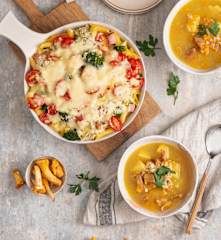 Krupnik z kurkami; Zapiekanka makaronowa z szynką