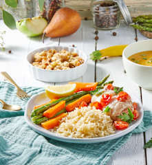 Summer Squash Soup, Fish with Rice and Vegetables, Apple-Pear Crumble