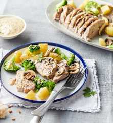 Filet mignon de porc à la moutarde, aux pommes de terre et au brocoli
