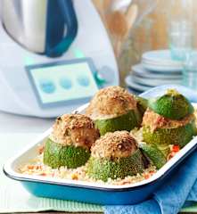 Courgettes farcies au veau et boulgour au poivron