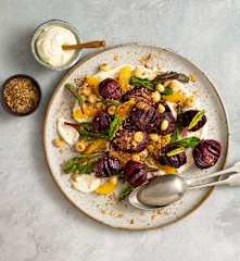 Hasselback beetroot salad with macadamia cream