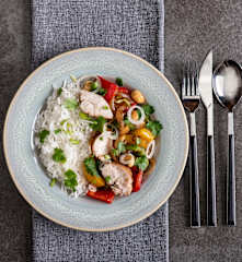 Kurczak w sosie ostrygowym (sous-vide, z osłoną noża miksującego) z ryżem jaśminowym