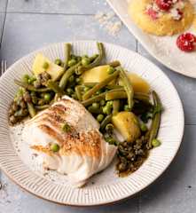 Menú: Bacalao con verduras. Clafoutis con frambuesas.