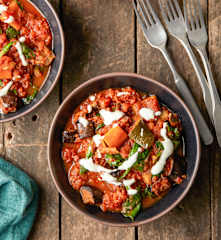 Aubergine and Sweet Potato Shakshuka with Garlic Cashew Cream