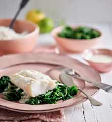 Steamed Cod, Rice and Spinach in Lemon Sauce