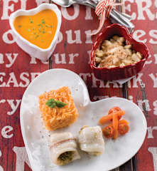 Creme de legumes, Filetes com arroz de tomate e abóbora e Crumble de maçã e pera