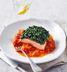 Lachs mit Spinathaube auf Tomatensugo
