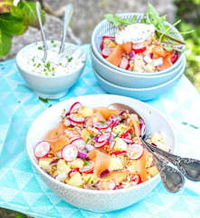 Salade de radis, petit épeautre et saumon fumé