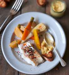 Pavé de morue aux légumes-racines en aïoli