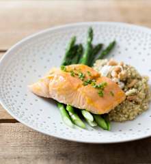 Salmon Fillets with Orange Glaze, Buckwheat Risotto and Steamed Asparagus