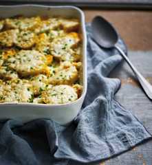 Gratinado de peixe com feijão-verde e couve-flor