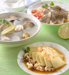 蛤蜊冬瓜湯、鮮菇豆腐&檸香鮮魚