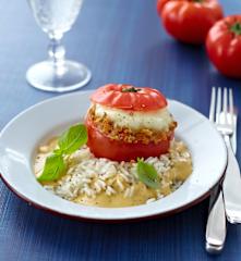 Stuffed Tomatoes with Rice and Cashew & Basil Sauce
