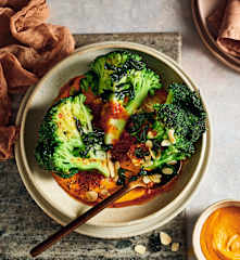 Whole roast broccoli with romesco sauce