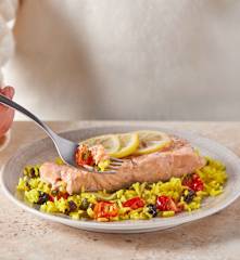 Steamed Salmon and Veggies with Yellow Rice