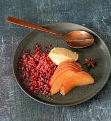 Quince, burnt tahini custard with blackberry vinegar snow (Ray Capaldi)