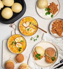 Menu: Vegetable Soup with Semolina Dumplings, BBQ Pulled Chicken with Bao & Baked Buns