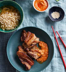 Slow-Cooked Pork Belly with Noodles and Chilli Sesame Sauce