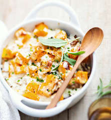 Gratin d'automne au merlan, sauce citronnée