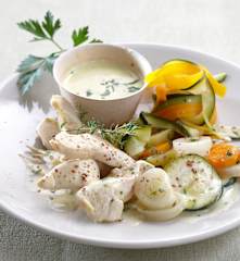 Creamy Vegetable Soup, Steamed Chicken with Vegetable Tagliatelle and Mustard Sauce, Milk Bread Loaves, Frozen Fruit Sorbet