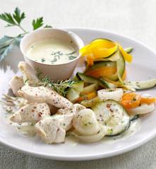 Poulet vapeur, tagliatelles et velouté de légumes (Simplicité)