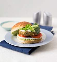 Lentil and chickpea burger with tahini dressing