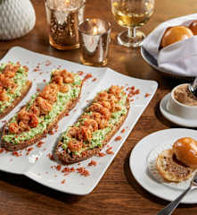 Crawfish Toast with English Pea Ricotta and Wild Mushroom Brandy Butter